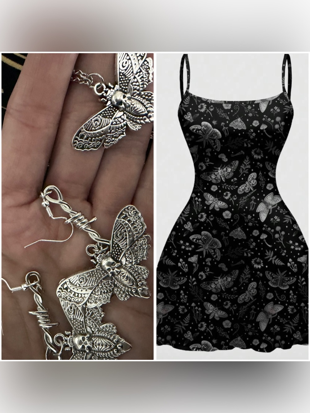 Romwe Gothic Moth Cami Dress with Earring Necklace Set